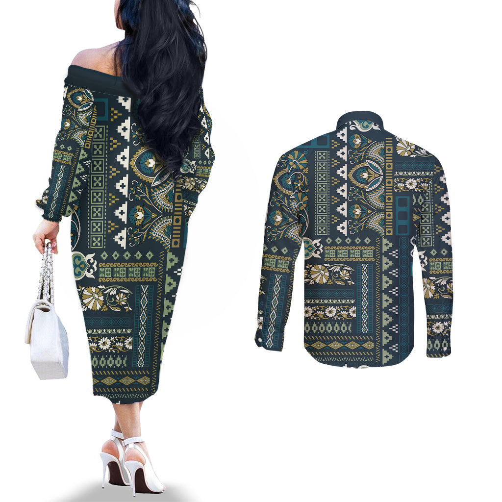 Persian Patchwork Pattern Couples Matching Off The Shoulder Long Sleeve Dress and Long Sleeve Button Shirt Unique Blue