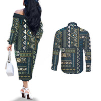 Persian Patchwork Pattern Couples Matching Off The Shoulder Long Sleeve Dress and Long Sleeve Button Shirt Unique Blue