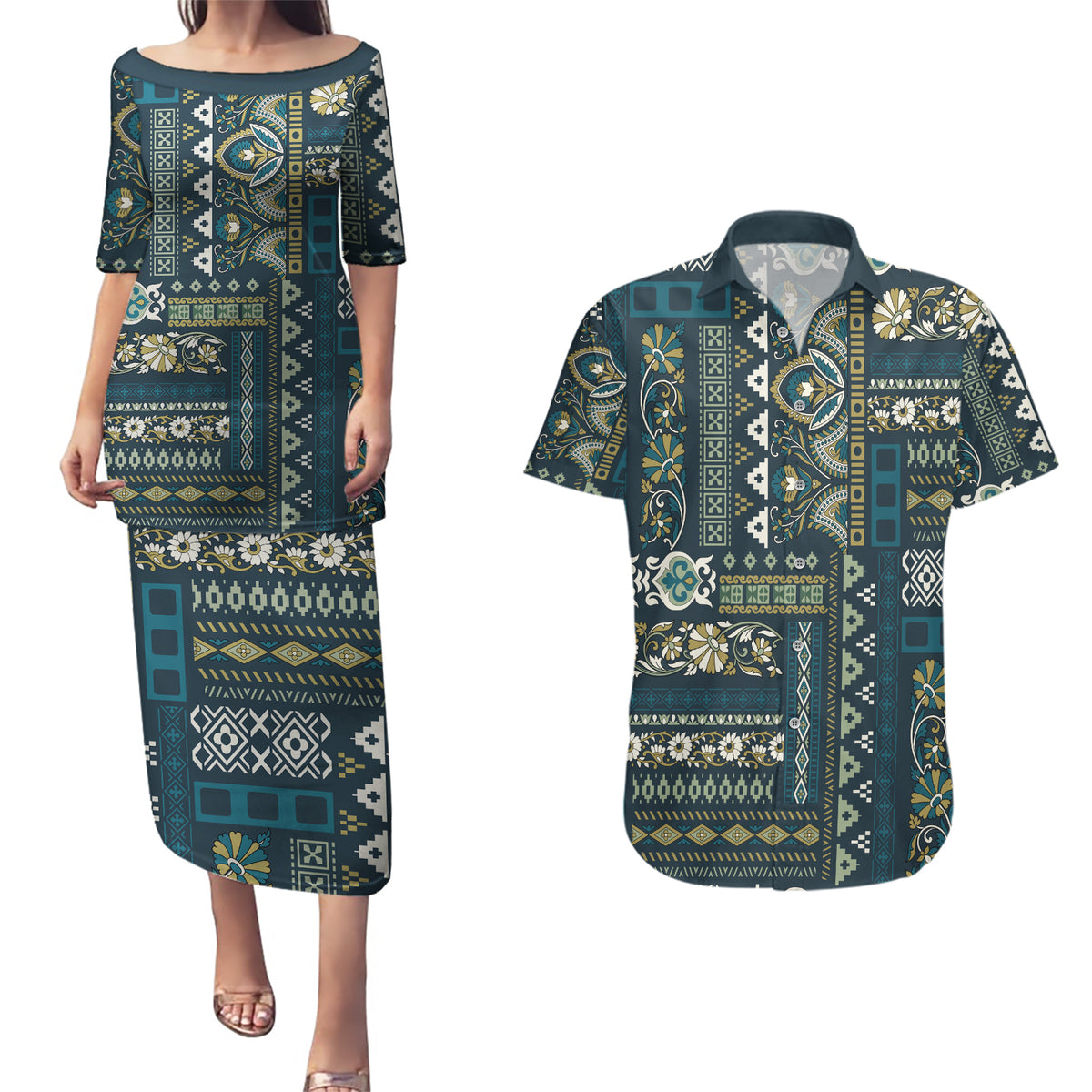 Persian Patchwork Pattern Couples Matching Puletasi and Hawaiian Shirt Unique Blue - Wonder Print Shop