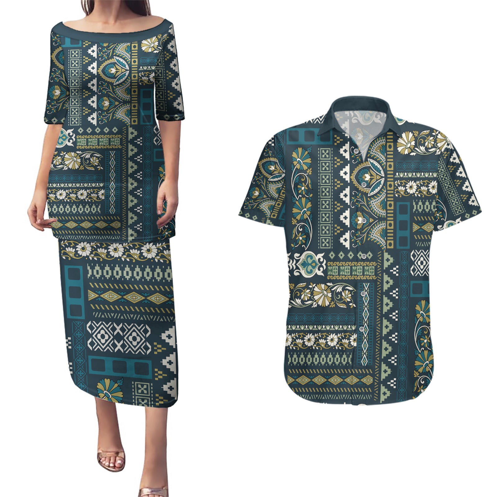 Persian Patchwork Pattern Couples Matching Puletasi and Hawaiian Shirt Unique Blue - Wonder Print Shop