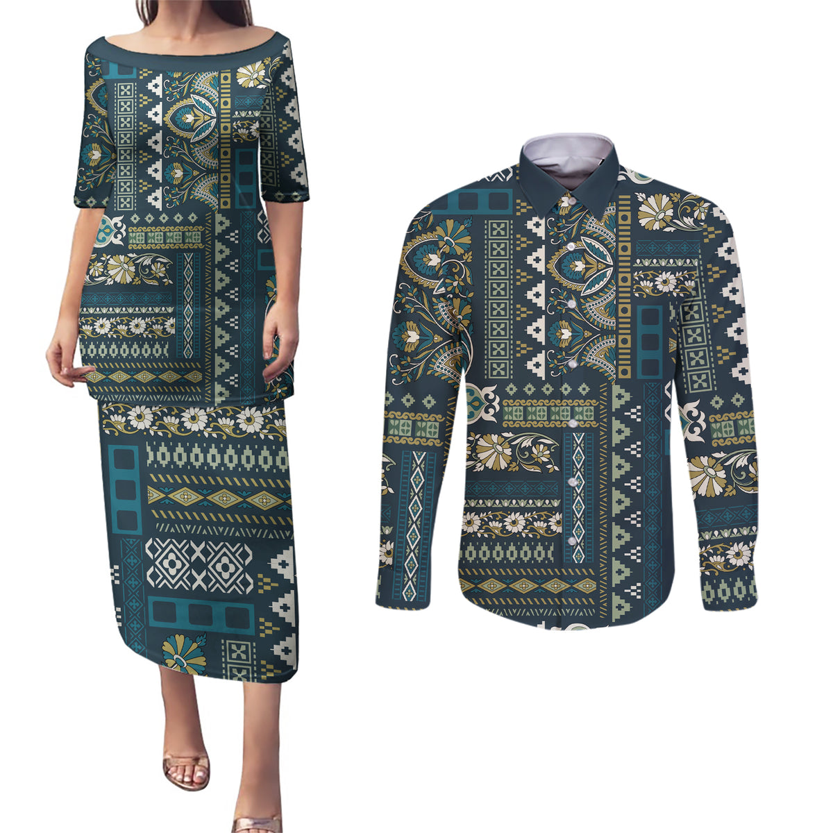 Persian Patchwork Pattern Couples Matching Puletasi and Long Sleeve Button Shirt Unique Blue - Wonder Print Shop