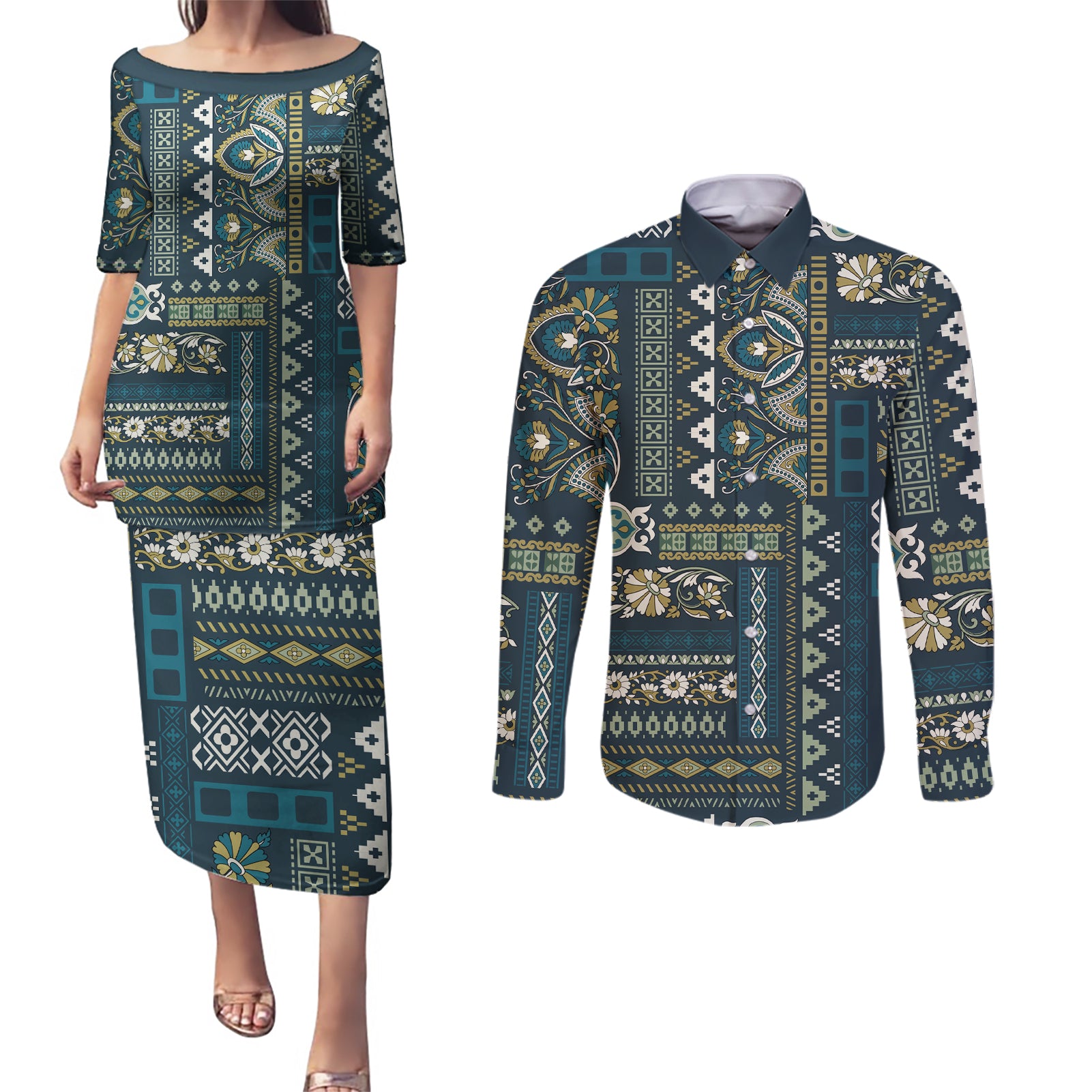 Persian Patchwork Pattern Couples Matching Puletasi and Long Sleeve Button Shirt Unique Blue - Wonder Print Shop