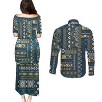 Persian Patchwork Pattern Couples Matching Puletasi and Long Sleeve Button Shirt Unique Blue - Wonder Print Shop