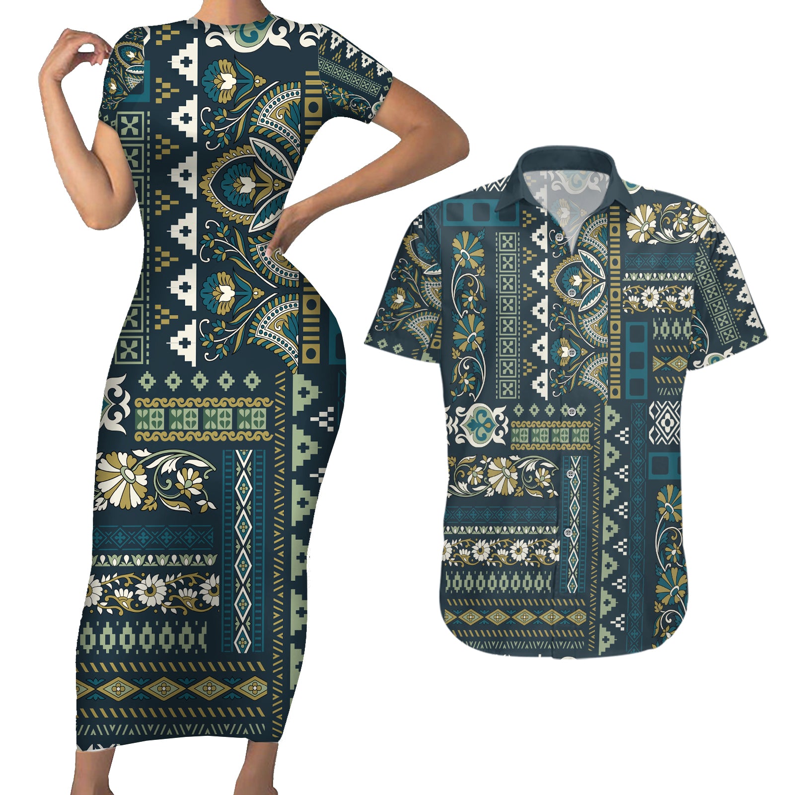 Persian Patchwork Pattern Couples Matching Short Sleeve Bodycon Dress and Hawaiian Shirt Unique Blue - Wonder Print Shop