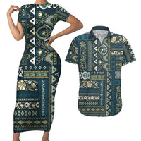 Persian Patchwork Pattern Couples Matching Short Sleeve Bodycon Dress and Hawaiian Shirt Unique Blue - Wonder Print Shop
