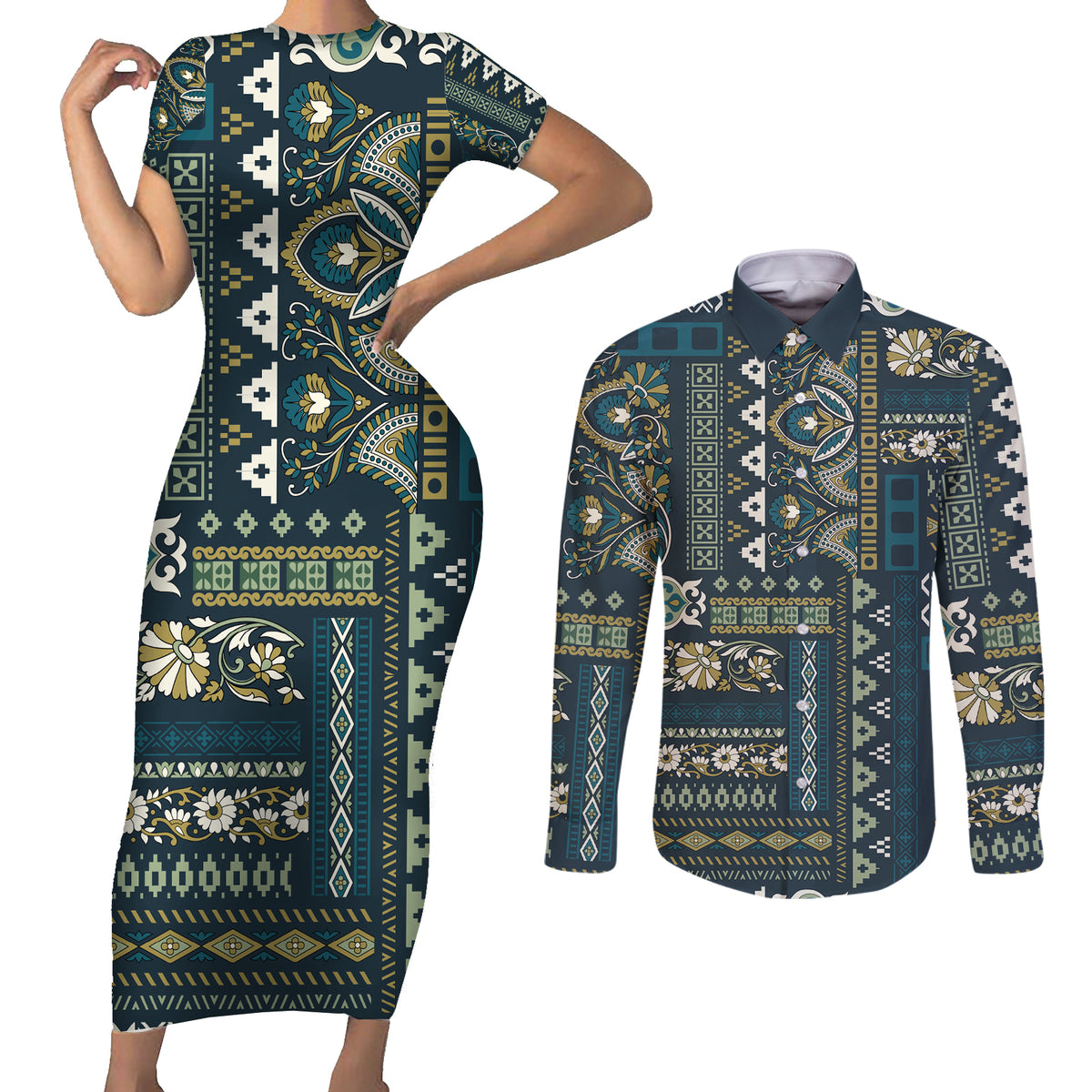 Persian Patchwork Pattern Couples Matching Short Sleeve Bodycon Dress and Long Sleeve Button Shirt Unique Blue - Wonder Print Shop