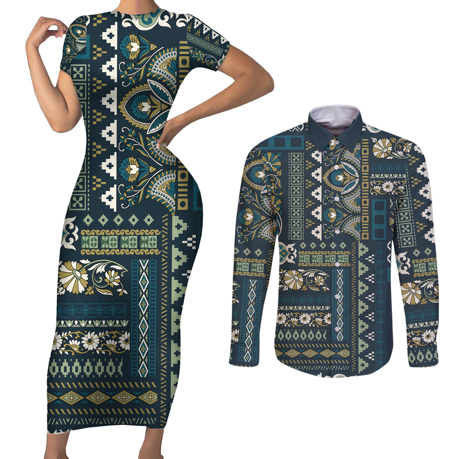 Persian Patchwork Pattern Couples Matching Short Sleeve Bodycon Dress and Long Sleeve Button Shirt Unique Blue - Wonder Print Shop