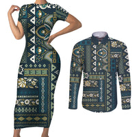 Persian Patchwork Pattern Couples Matching Short Sleeve Bodycon Dress and Long Sleeve Button Shirt Unique Blue - Wonder Print Shop