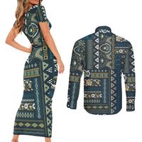 Persian Patchwork Pattern Couples Matching Short Sleeve Bodycon Dress and Long Sleeve Button Shirt Unique Blue - Wonder Print Shop