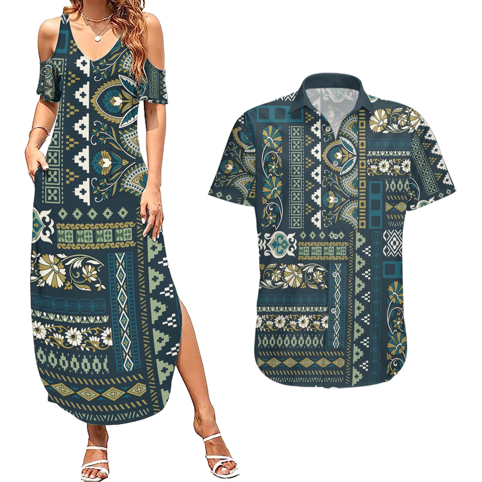 Persian Patchwork Pattern Couples Matching Summer Maxi Dress and Hawaiian Shirt Unique Blue - Wonder Print Shop