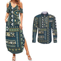 Persian Patchwork Pattern Couples Matching Summer Maxi Dress and Long Sleeve Button Shirt Unique Blue - Wonder Print Shop