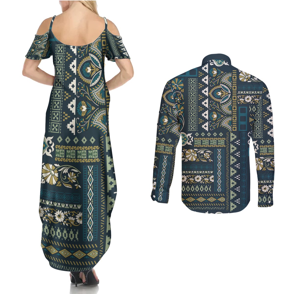 Persian Patchwork Pattern Couples Matching Summer Maxi Dress and Long Sleeve Button Shirt Unique Blue - Wonder Print Shop