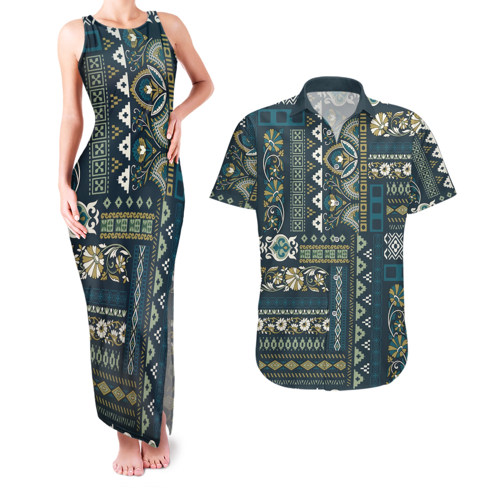 Persian Patchwork Pattern Couples Matching Tank Maxi Dress and Hawaiian Shirt Unique Blue - Wonder Print Shop