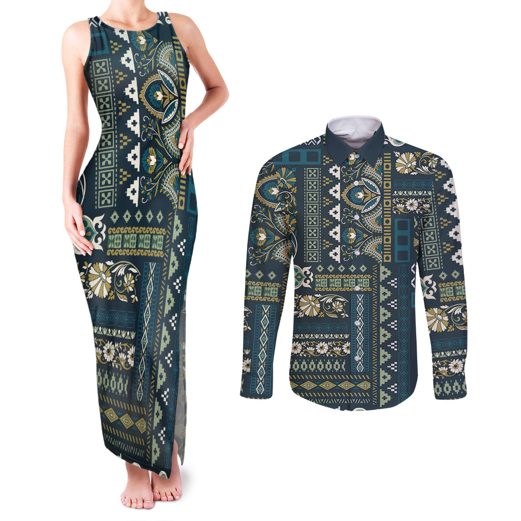 Persian Patchwork Pattern Couples Matching Tank Maxi Dress and Long Sleeve Button Shirt Unique Blue - Wonder Print Shop