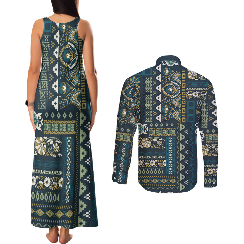 Persian Patchwork Pattern Couples Matching Tank Maxi Dress and Long Sleeve Button Shirt Unique Blue - Wonder Print Shop