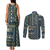 Persian Patchwork Pattern Couples Matching Tank Maxi Dress and Long Sleeve Button Shirt Unique Blue - Wonder Print Shop