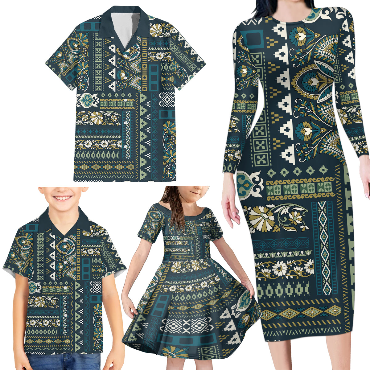 Persian Patchwork Pattern Family Matching Long Sleeve Bodycon Dress and Hawaiian Shirt Unique Blue - Wonder Print Shop