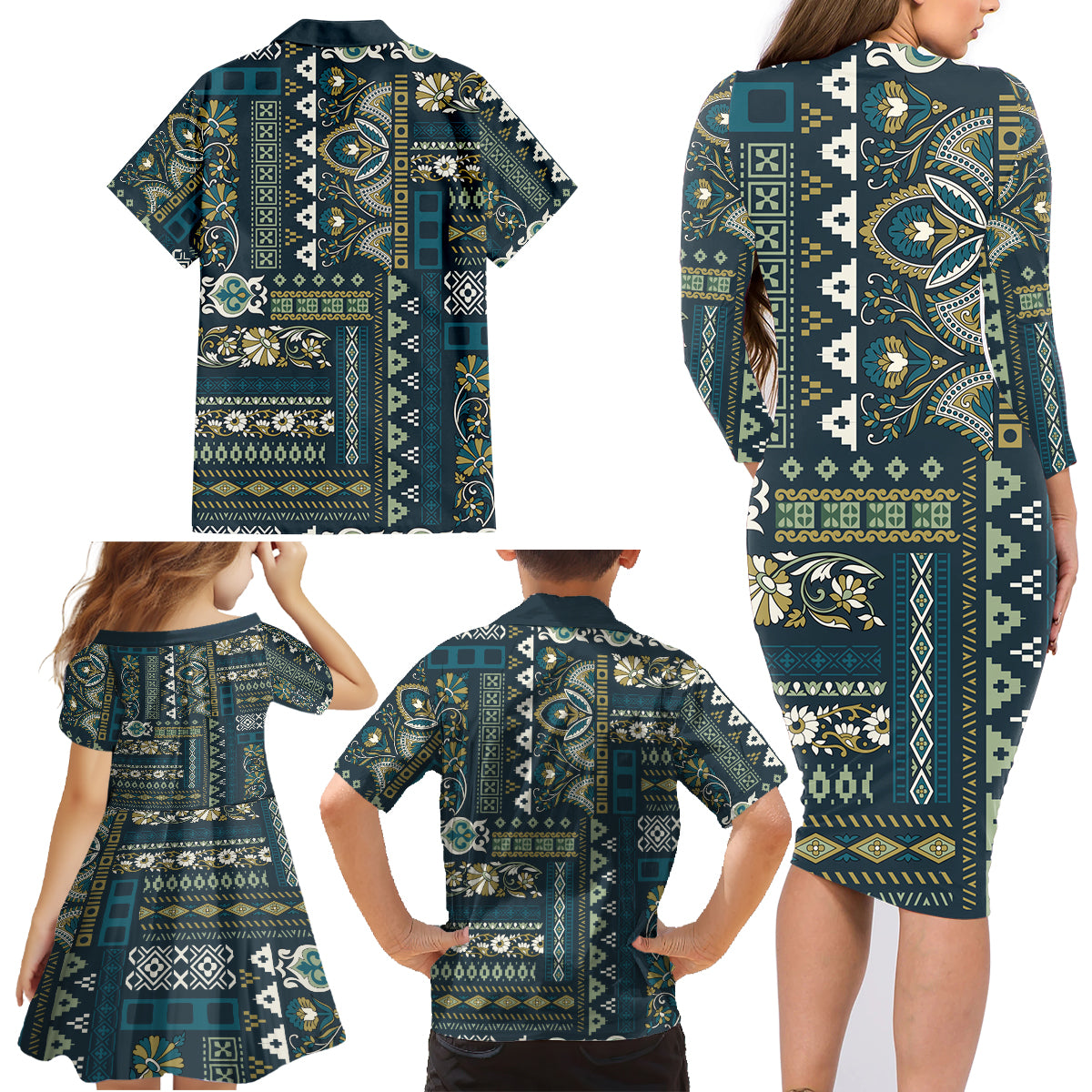 Persian Patchwork Pattern Family Matching Long Sleeve Bodycon Dress and Hawaiian Shirt Unique Blue - Wonder Print Shop