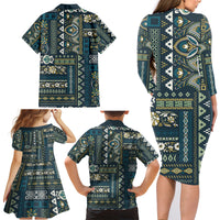 Persian Patchwork Pattern Family Matching Long Sleeve Bodycon Dress and Hawaiian Shirt Unique Blue - Wonder Print Shop