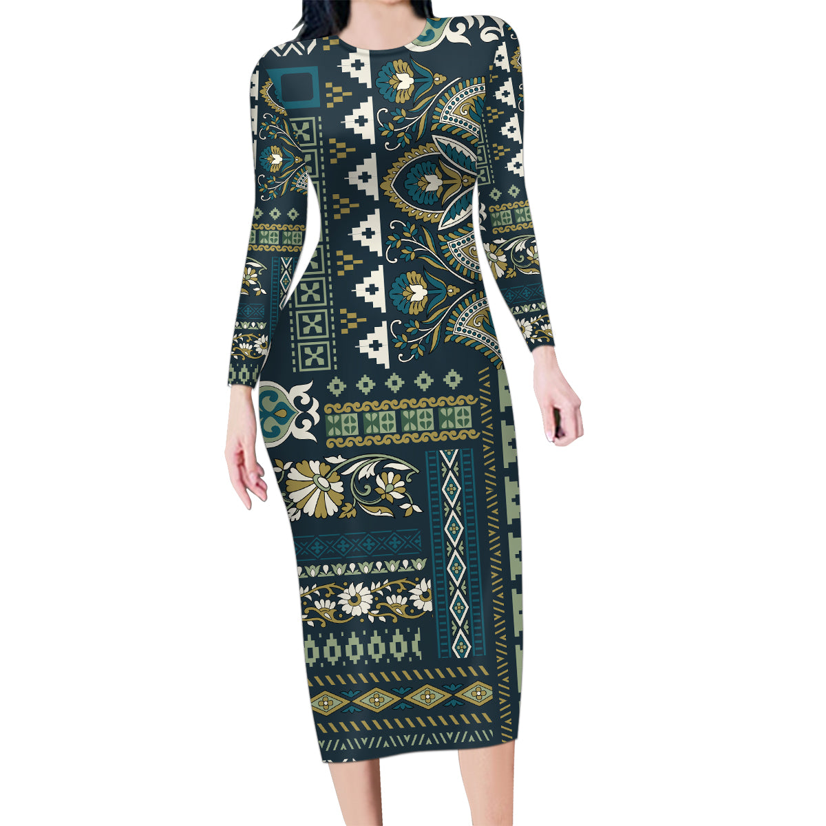 Persian Patchwork Pattern Family Matching Long Sleeve Bodycon Dress and Hawaiian Shirt Unique Blue - Wonder Print Shop