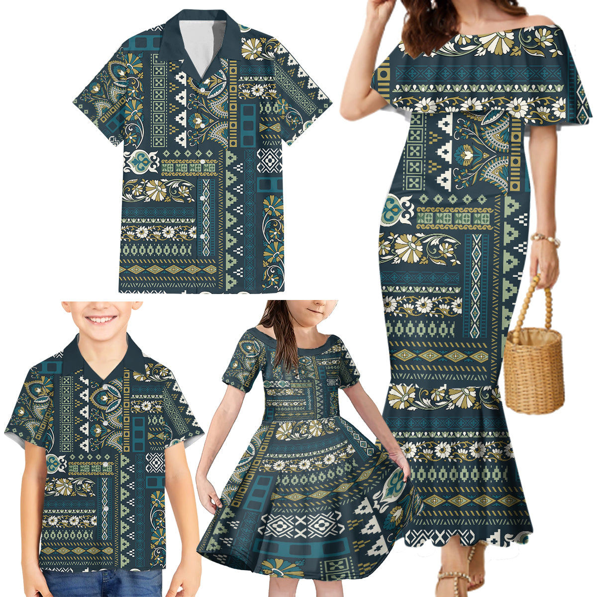 Persian Patchwork Pattern Family Matching Mermaid Dress and Hawaiian Shirt Unique Blue - Wonder Print Shop