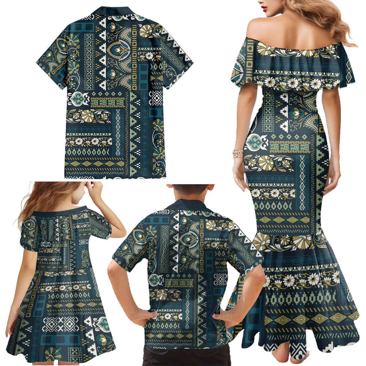 Persian Patchwork Pattern Family Matching Mermaid Dress and Hawaiian Shirt Unique Blue - Wonder Print Shop