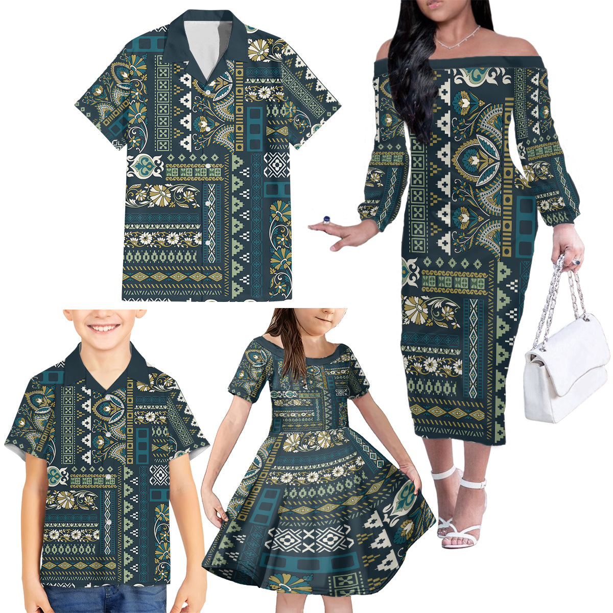 Persian Patchwork Pattern Family Matching Off Shoulder Long Sleeve Dress and Hawaiian Shirt Unique Blue - Wonder Print Shop