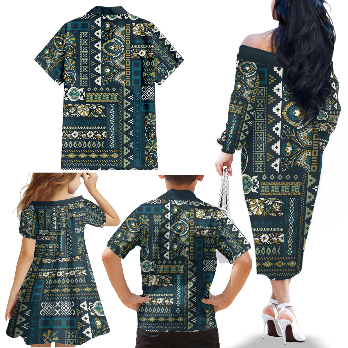 Persian Patchwork Pattern Family Matching Off Shoulder Long Sleeve Dress and Hawaiian Shirt Unique Blue - Wonder Print Shop