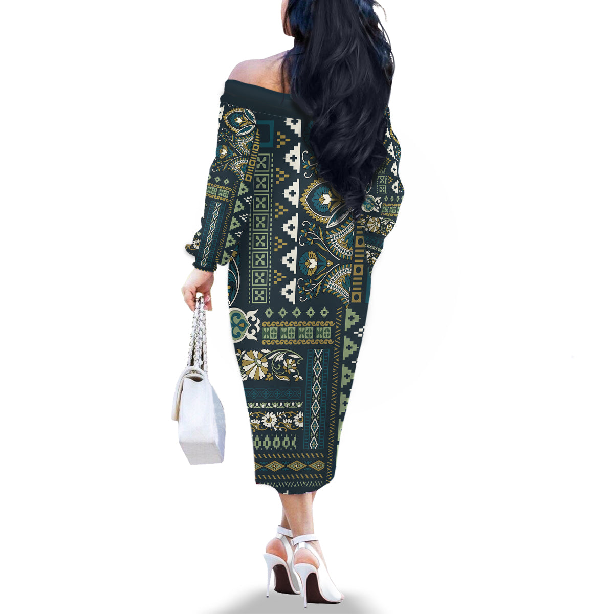 Persian Patchwork Pattern Family Matching Off Shoulder Long Sleeve Dress and Hawaiian Shirt Unique Blue - Wonder Print Shop