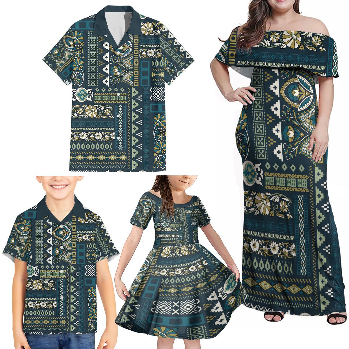 Persian Patchwork Pattern Family Matching Off Shoulder Maxi Dress and Hawaiian Shirt Unique Blue - Wonder Print Shop
