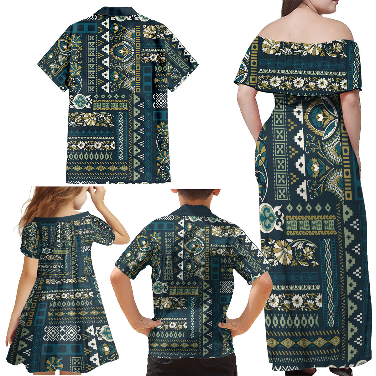 Persian Patchwork Pattern Family Matching Off Shoulder Maxi Dress and Hawaiian Shirt Unique Blue - Wonder Print Shop