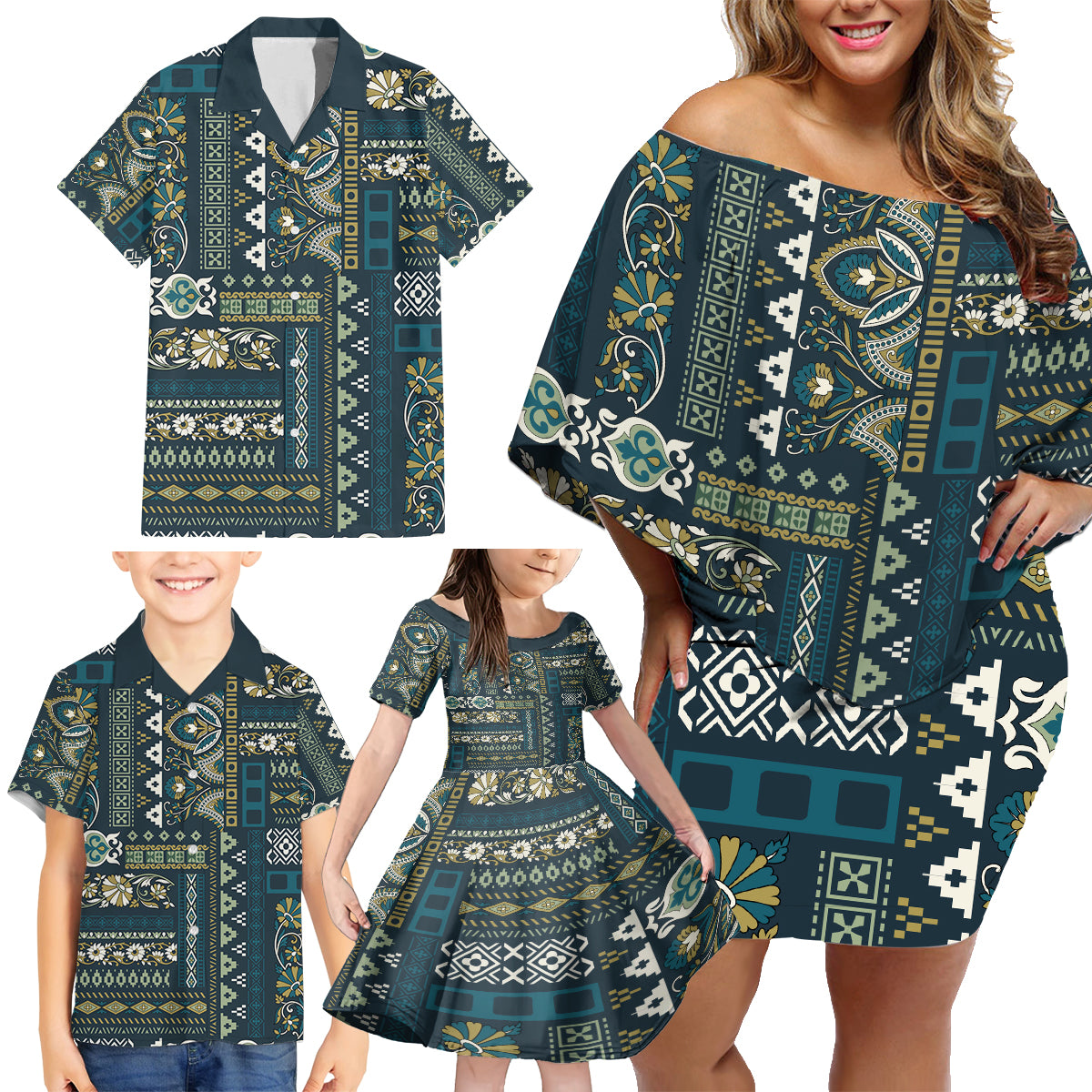 Persian Patchwork Pattern Family Matching Off Shoulder Short Dress and Hawaiian Shirt Unique Blue - Wonder Print Shop