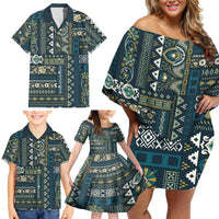 Persian Patchwork Pattern Family Matching Off Shoulder Short Dress and Hawaiian Shirt Unique Blue - Wonder Print Shop