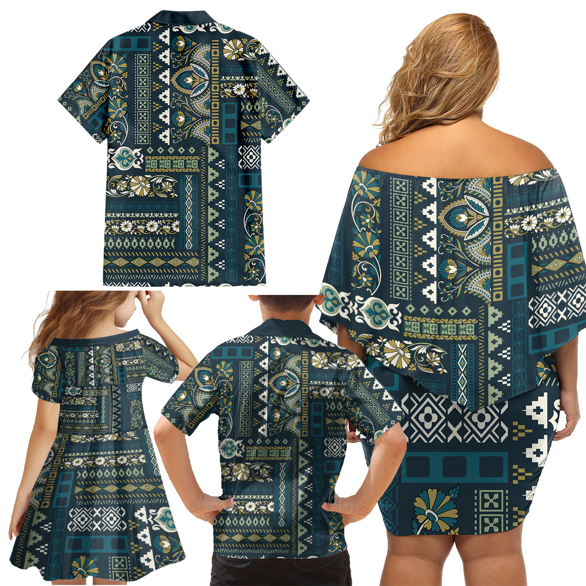 Persian Patchwork Pattern Family Matching Off Shoulder Short Dress and Hawaiian Shirt Unique Blue - Wonder Print Shop