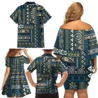Persian Patchwork Pattern Family Matching Off Shoulder Short Dress and Hawaiian Shirt Unique Blue - Wonder Print Shop