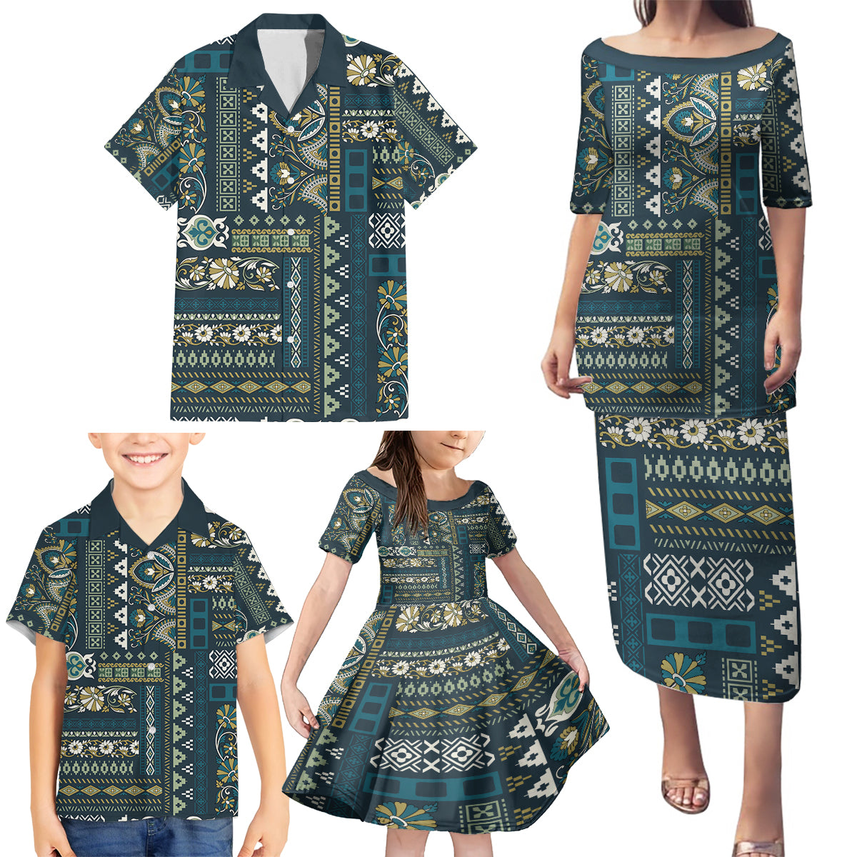 Persian Patchwork Pattern Family Matching Puletasi and Hawaiian Shirt Unique Blue - Wonder Print Shop