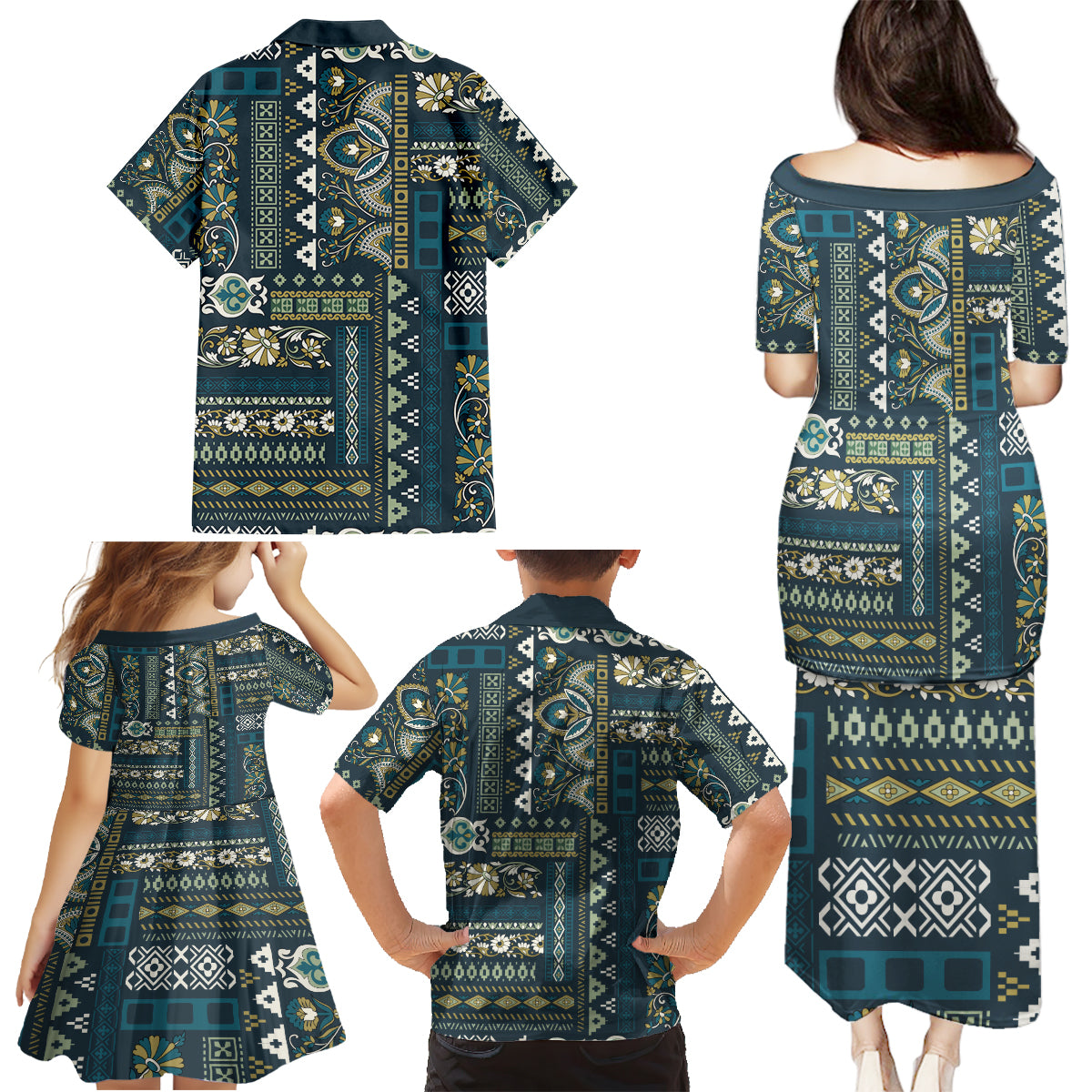 Persian Patchwork Pattern Family Matching Puletasi and Hawaiian Shirt Unique Blue - Wonder Print Shop