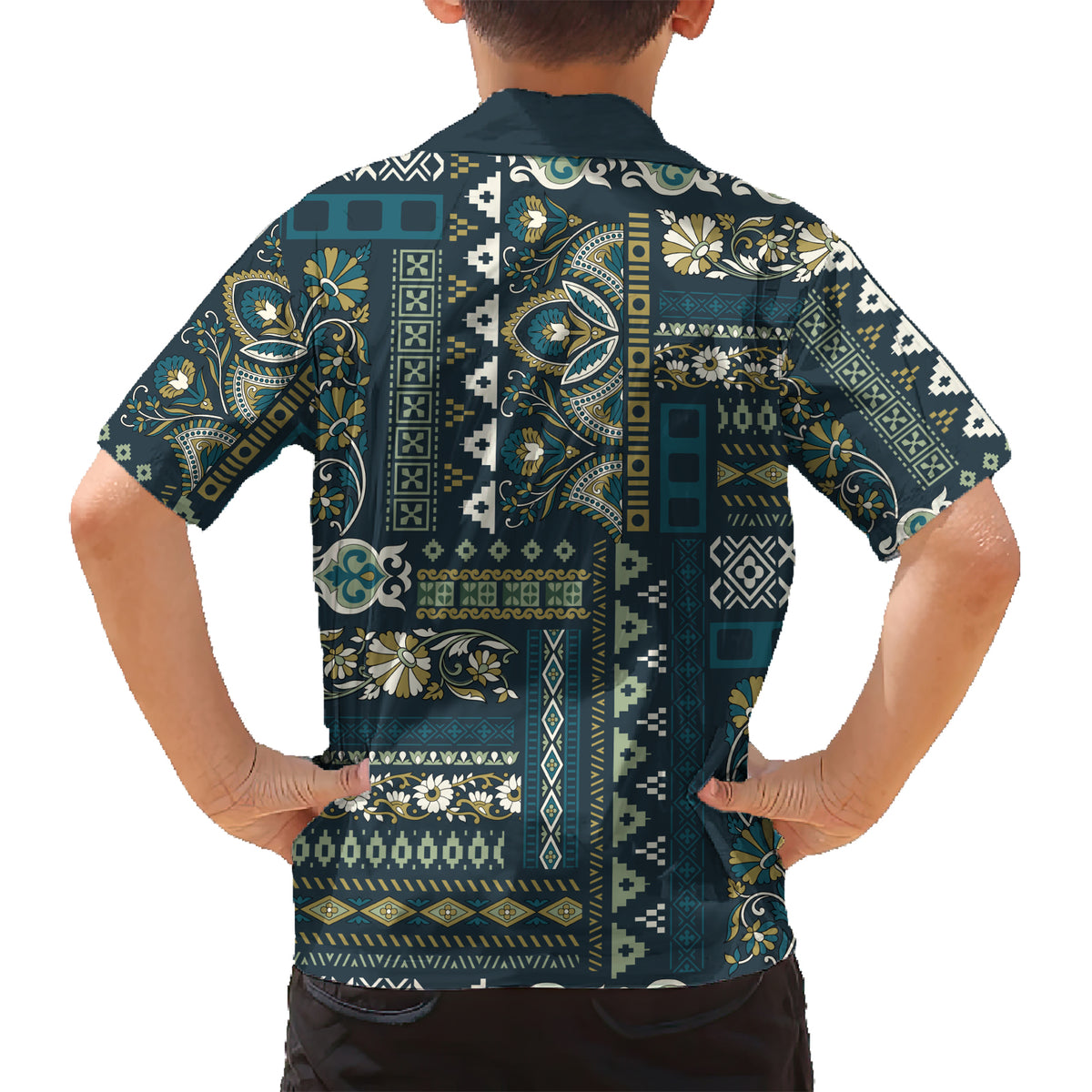 Persian Patchwork Pattern Family Matching Short Sleeve Bodycon Dress and Hawaiian Shirt Unique Blue - Wonder Print Shop
