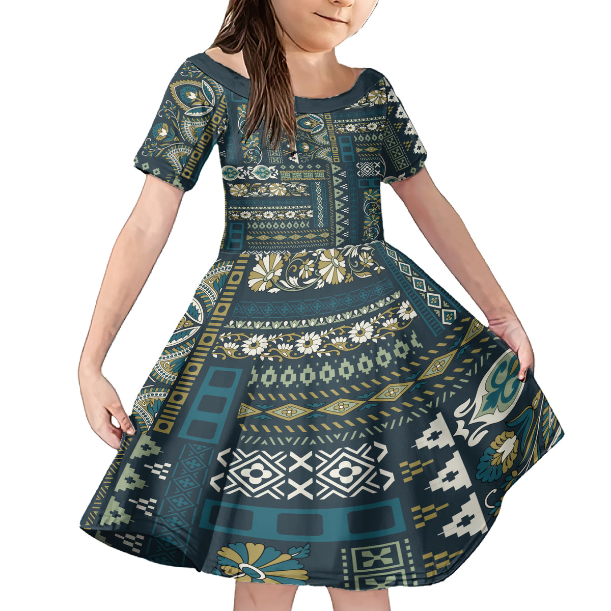 Persian Patchwork Pattern Family Matching Short Sleeve Bodycon Dress and Hawaiian Shirt Unique Blue - Wonder Print Shop
