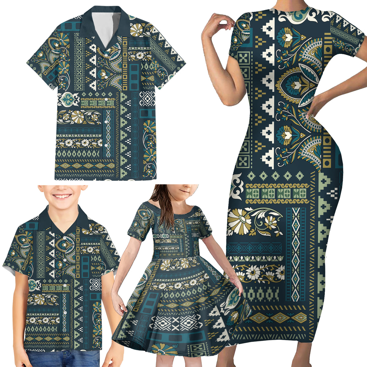 Persian Patchwork Pattern Family Matching Short Sleeve Bodycon Dress and Hawaiian Shirt Unique Blue - Wonder Print Shop