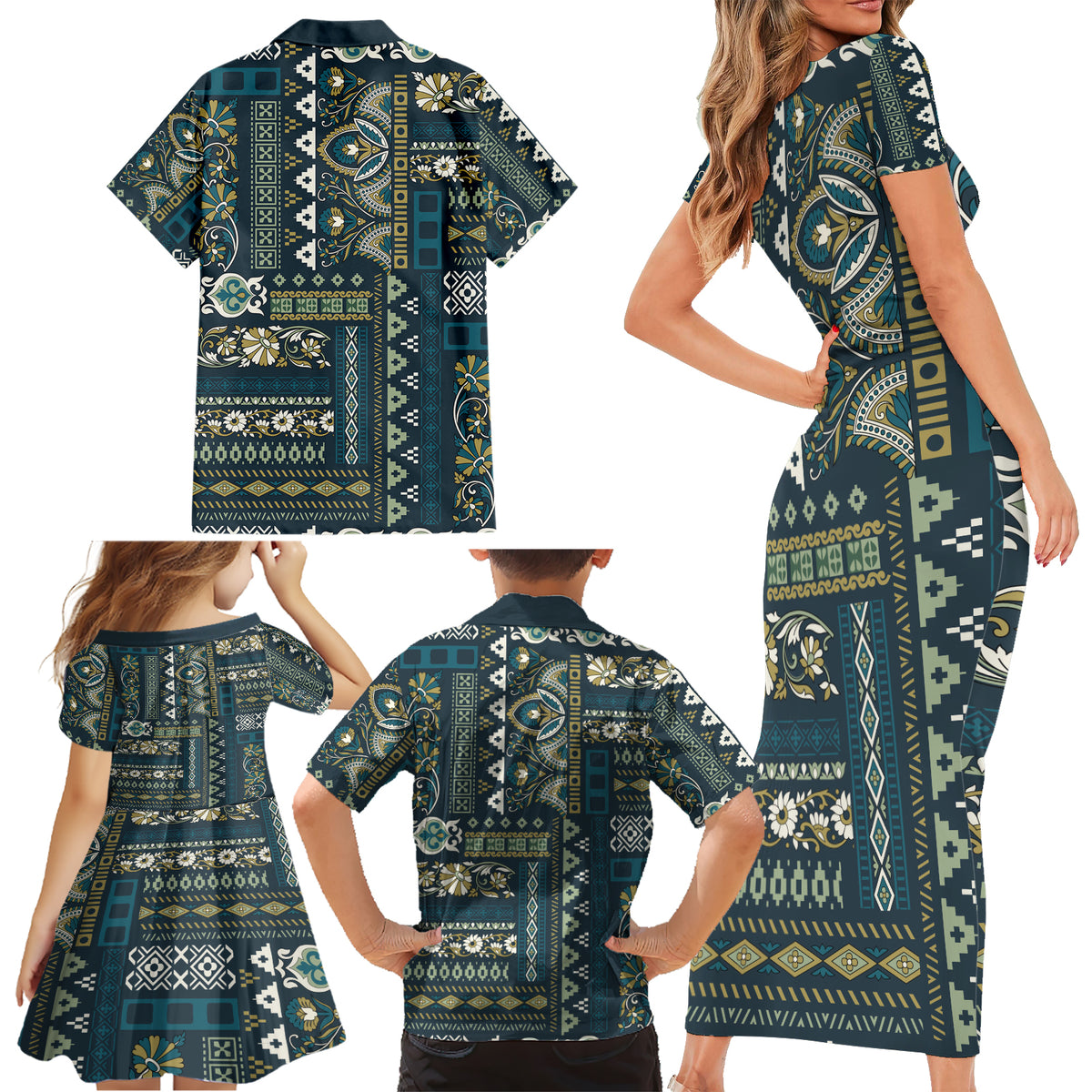Persian Patchwork Pattern Family Matching Short Sleeve Bodycon Dress and Hawaiian Shirt Unique Blue - Wonder Print Shop