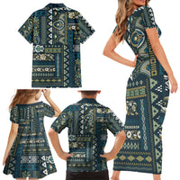 Persian Patchwork Pattern Family Matching Short Sleeve Bodycon Dress and Hawaiian Shirt Unique Blue - Wonder Print Shop