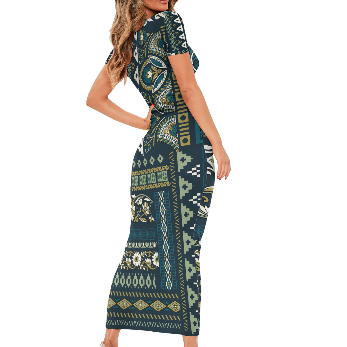 Persian Patchwork Pattern Family Matching Short Sleeve Bodycon Dress and Hawaiian Shirt Unique Blue - Wonder Print Shop