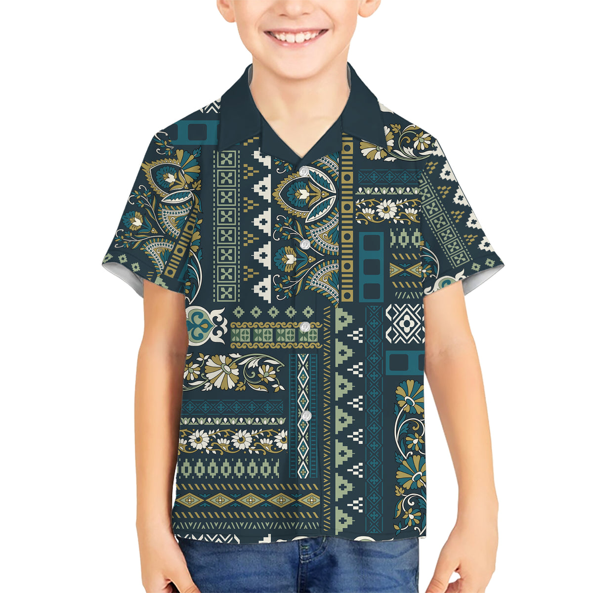 Persian Patchwork Pattern Family Matching Short Sleeve Bodycon Dress and Hawaiian Shirt Unique Blue - Wonder Print Shop