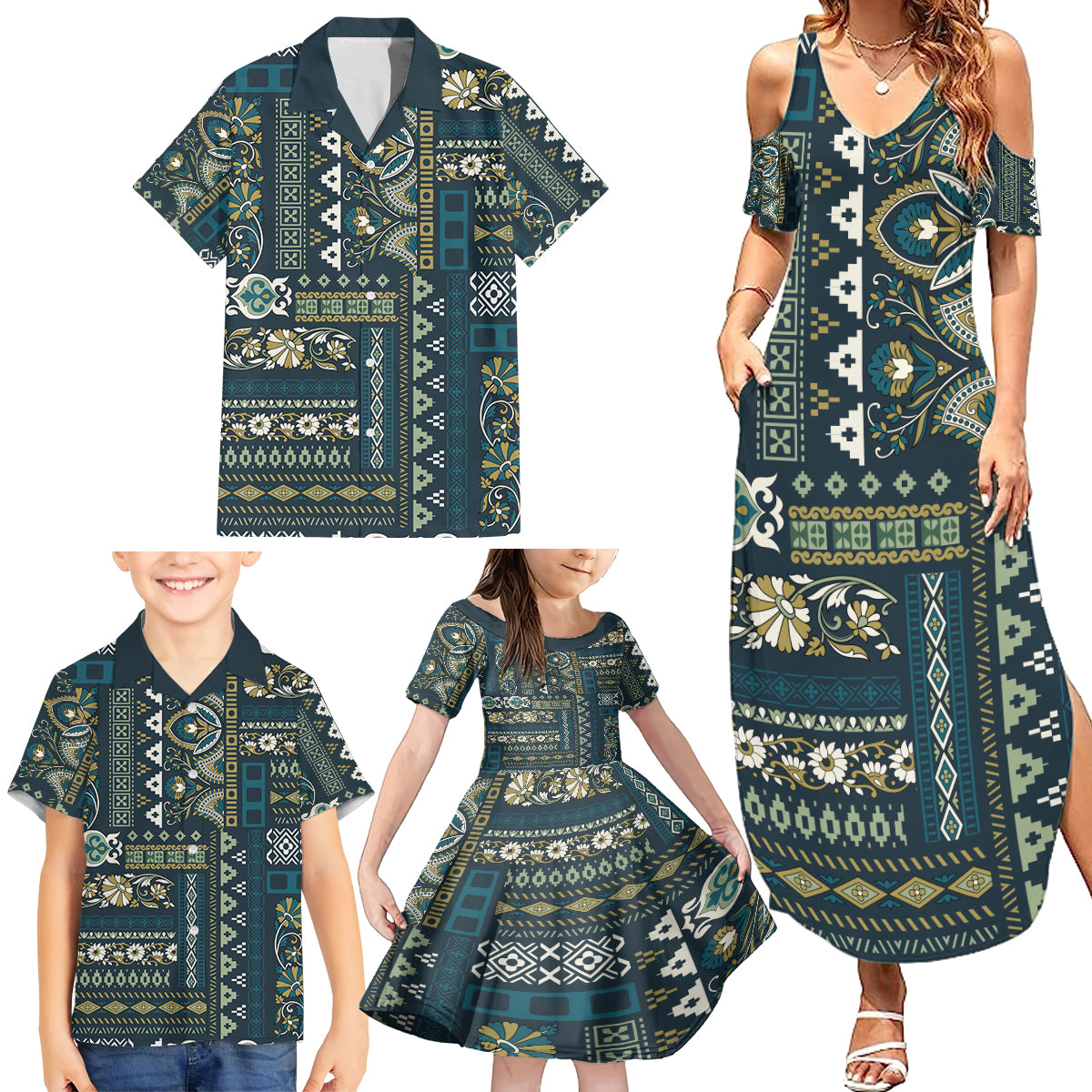 Persian Patchwork Pattern Family Matching Summer Maxi Dress and Hawaiian Shirt Unique Blue - Wonder Print Shop