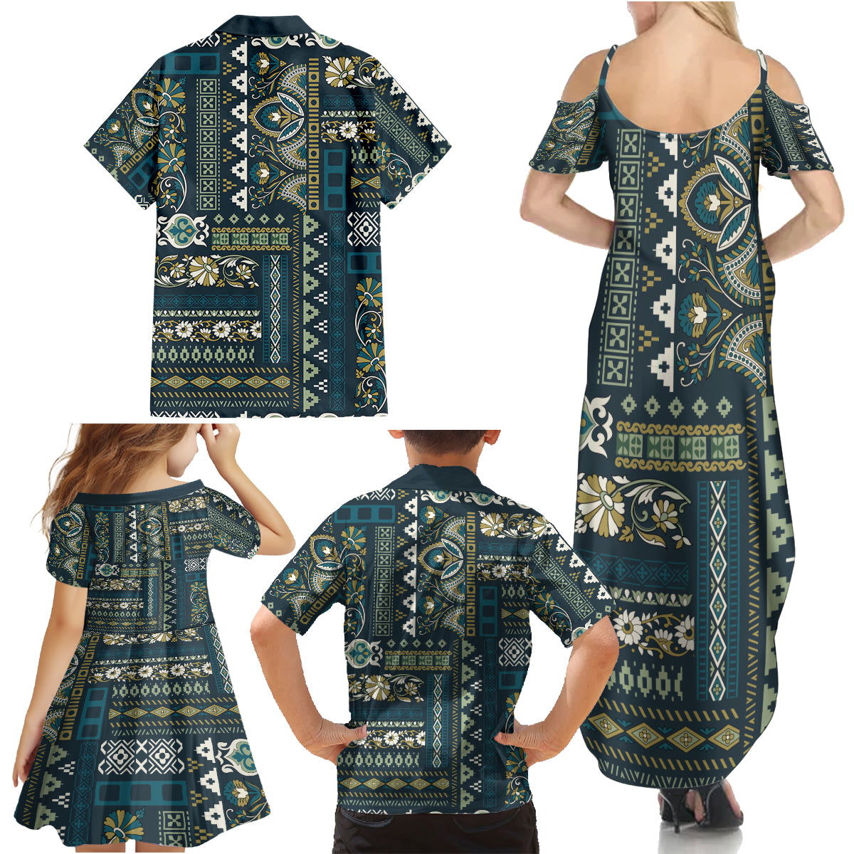 Persian Patchwork Pattern Family Matching Summer Maxi Dress and Hawaiian Shirt Unique Blue - Wonder Print Shop