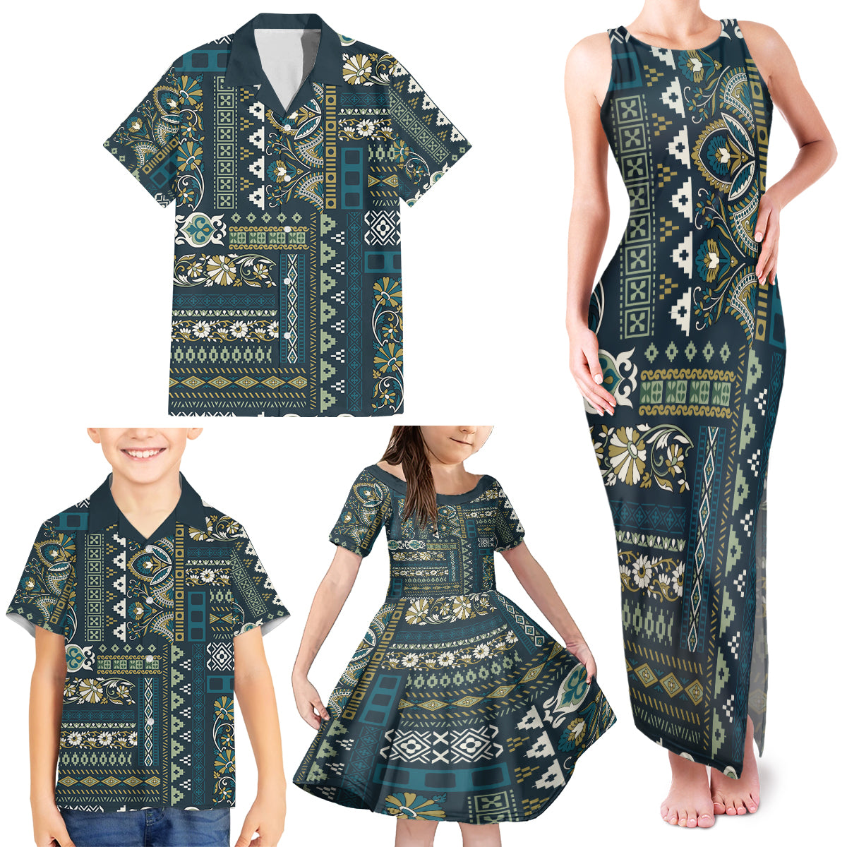 Persian Patchwork Pattern Family Matching Tank Maxi Dress and Hawaiian Shirt Unique Blue - Wonder Print Shop