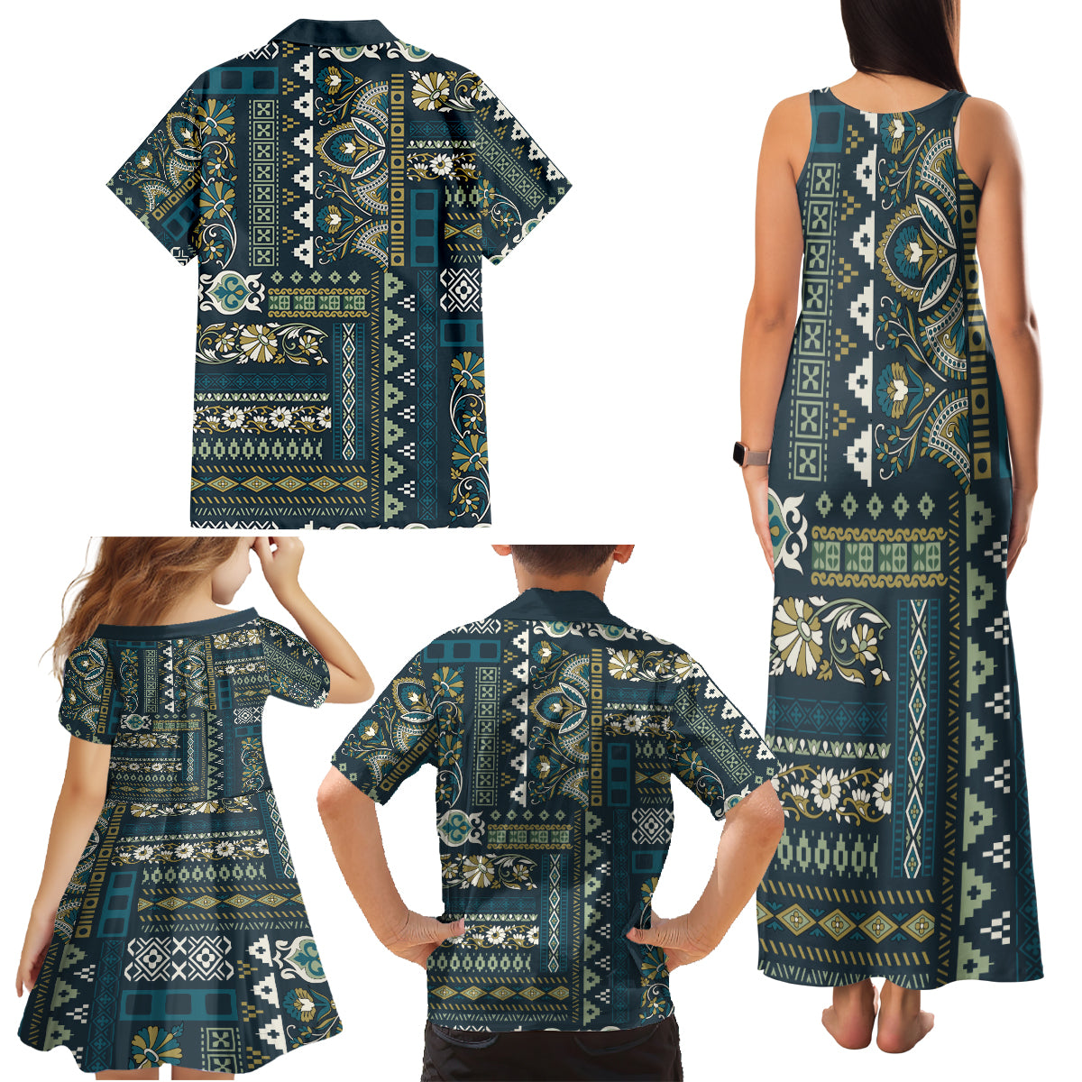 Persian Patchwork Pattern Family Matching Tank Maxi Dress and Hawaiian Shirt Unique Blue - Wonder Print Shop