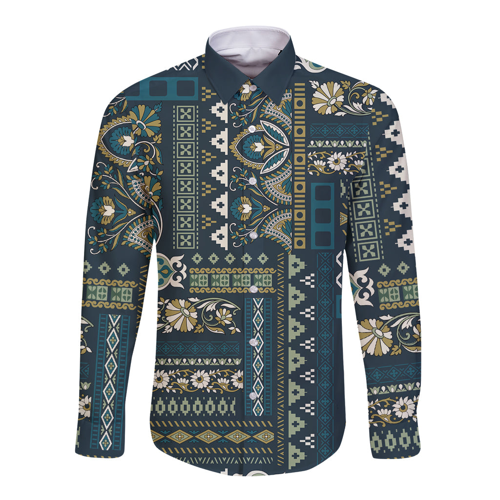 Persian Patchwork Pattern Long Sleeve Button Shirt Unique Blue - Wonder Print Shop