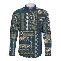 Persian Patchwork Pattern Long Sleeve Button Shirt Unique Blue - Wonder Print Shop
